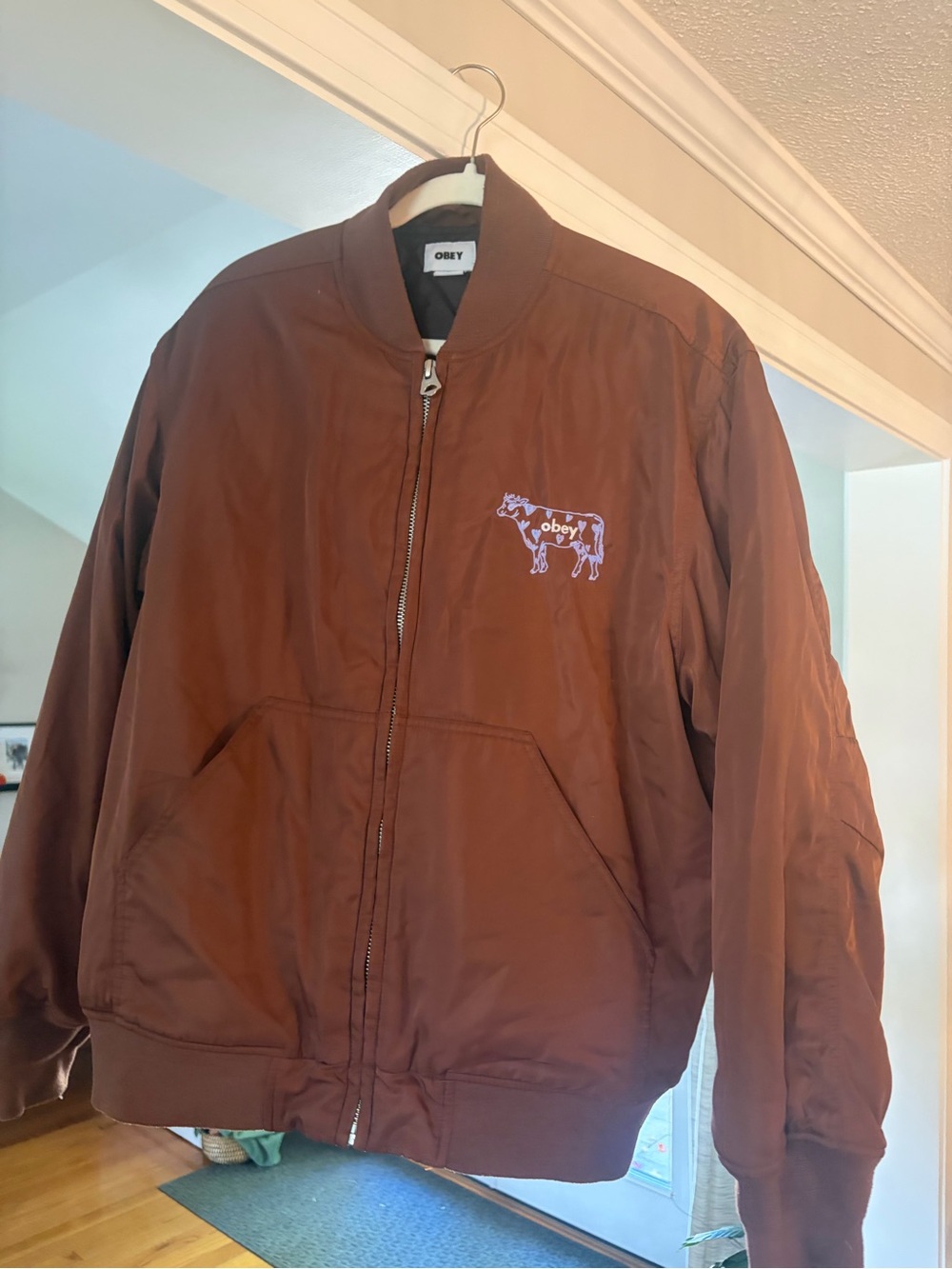 Obey Men's Rust Brown Bomber Jacket with Cow Patch